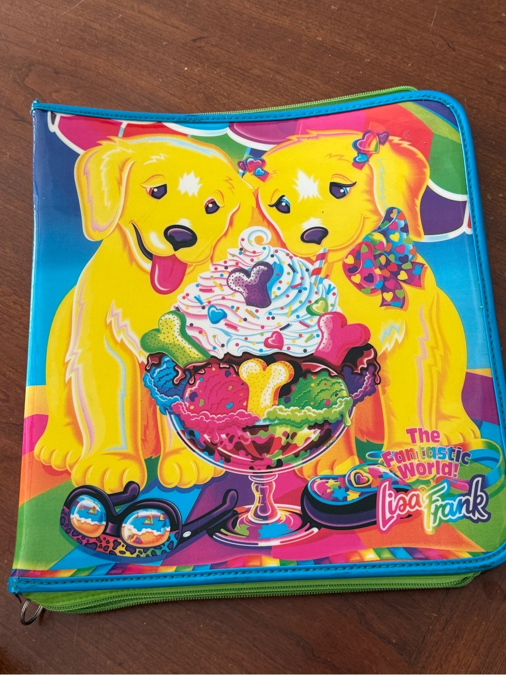 Vintage rare Lisa Frank Bright golden retriever Puppy Ice Cream Zip Binder